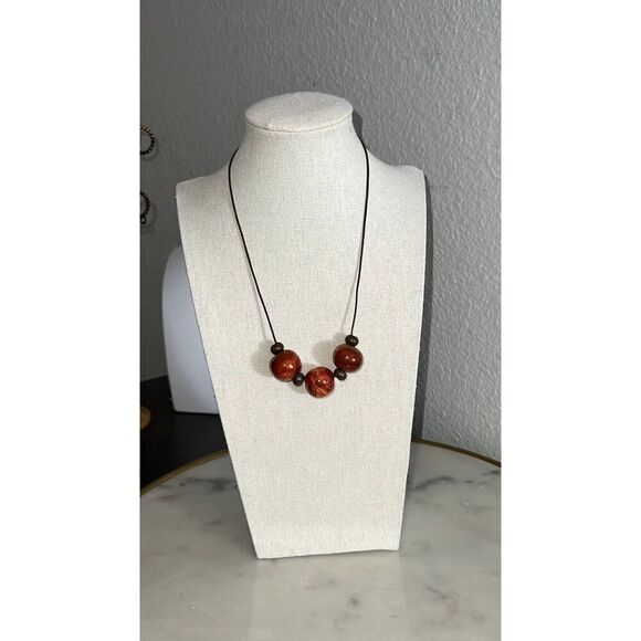 Handmade Necklace boho shabby chic clay wood beads rust leather choker 8.5” EUC - Picture 2 of 3